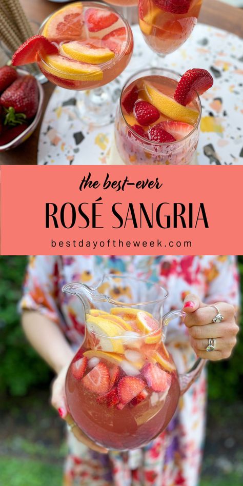 Bridal Shower Drink Ideas, Brunch Sangria, Bridal Shower Drinks Cocktails, Bridal Shower Mixed Drinks, Sangria Bridal Shower Ideas, Blush Sangria Recipe, Bridal Shower Sangria, Mother’s Day Sangria, Rose Sangria Recipes