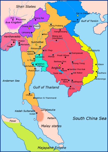 Sukhothai Thailand Map Tonle Sap, Lampang, Khmer Empire, Asia Map, Vientiane, Asian History, Ancient Maps, Luang Prabang, South China Sea