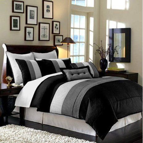 Striped Comforter, Black And Grey Bedroom, Bedroom Design Diy, Bedroom Revamp, Bedding Master, Black Comforter, My Bedroom Ideas, Guest Bedroom Design