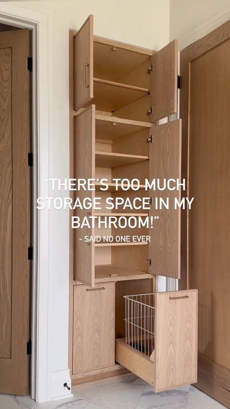 Laundry Cupboard In Bathroom, Bathroom Hamper Cabinet, Cupboards In Bathroom, Bathroom Cabinet With Hamper, Linen Closet In Bathroom Ideas, Primary Bathroom Storage, Master Bath Storage Ideas, Bathroom Storage Cupboards, Linen Closet In Bathroom