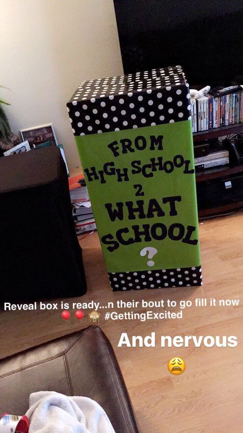 College reveal box College Decision Reveal, High School Graduation Party Themes, College Signing Day, College Announcements, College Decision, Reveal Party Ideas, College Grad Party, Graduation Party Games, Senior Graduation Party