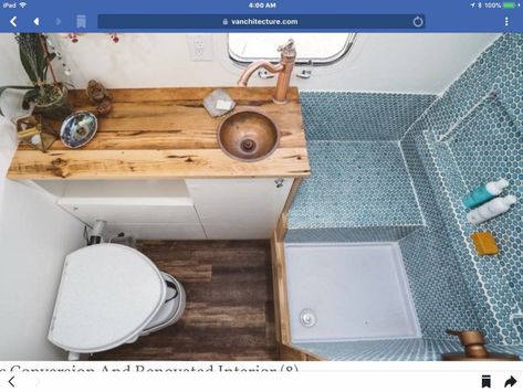 Very well organized & beautifully done bathroom, looks like incorporating the wheel well hump as a shower seat. We are doing a separate toilet and shower area based on the necessity of our layout, but I love this idea if we ever rennovated another bus. Baie Vintage, Airstream Bathroom, Airstream Restoration, Airstream Remodel, Caravan Makeover, Airstream Interior, Rv Bathroom, Airstream Renovation, Car House