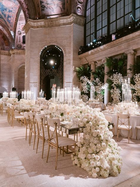 Christina & David | Eddie Zaratsian Lifestyle & Design Romantic White Wedding Decor, Luxury Wedding Table Decor, Wedding Banquet Hall Decorations, Wedding Hall Design, All White Wedding Decor, Royalty Wedding Theme, Broadway Wedding, Eddie Zaratsian, White Wedding Decor