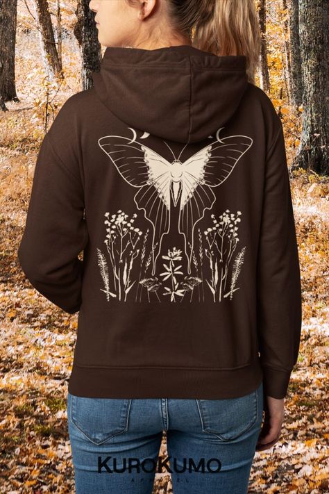 Moon Phase Aesthetic, Drawn Butterfly, Clothing Grunge, Butterfly Hoodie, Cottagecore Sweater, Grunge Fairycore, Aesthetic Hoodie, Kangaroo Pouch, Fairy Core