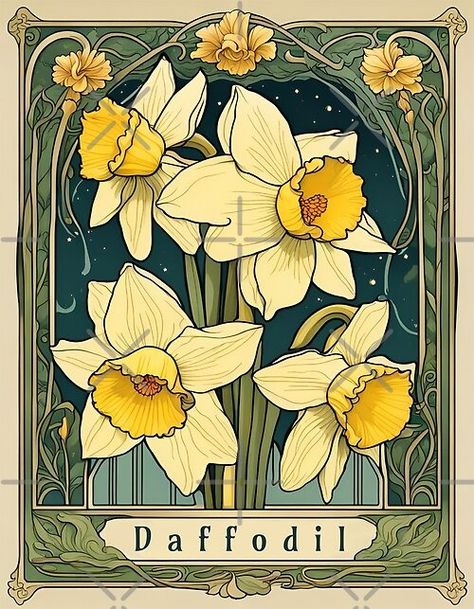 NorthernSwanArt Negozio | Bolla rossa Art Deco Daffodil, Daffodil Flower Illustration, Art Nouveau Spring, Art Nouveau Daffodil, Art Nouveau Plants, Art Nouveau Designs, Art Nouveau Print, Art Nouveau Poster Design, Botanical Daffodil