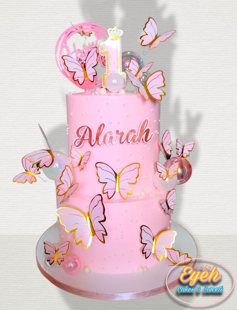 Butterfly Cake For 1st Birthday, Two Tier Butterfly Cake, 2 Tier Butterfly Cake, Butterfly Theme Cake 1st Birthdays, 1st Birthday Cake Designs, Butterfly Theme Cake, Tiered Cakes Birthday, Butterfly Birthday Cakes, 2 Tier Cake