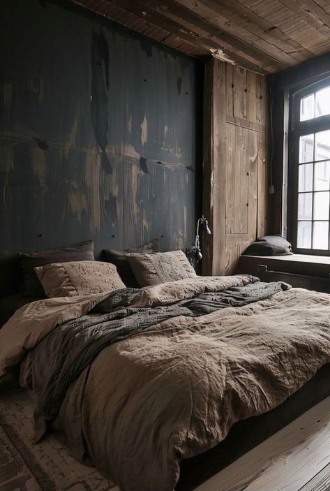 Photo Wall Collage Bedroom Inspiration, Urban Bedroom Ideas, Rustic Industrial Bedroom, Bedroom Ideas Men, New York Bedroom, Black And Grey Bedroom, Urban Bedroom, Industrial Style Bedroom, Men's Bedroom