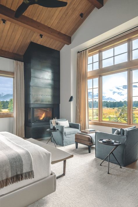 Fireplace In The Corner, Mountain Bedroom, Mountain Home Interiors, Style Me Pretty Living, Mountain Living, Colorado Homes, Bedroom Retreat, Home Fireplace, In The Corner