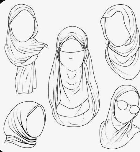 Hijabi Drawing Reference, Headscarf Drawing, Hijab Art Drawing, Hijab Drawing Reference, Veil Sketch, Sketsa Dress, Hijab Sketch, Mental Crisis, Her Tattoo