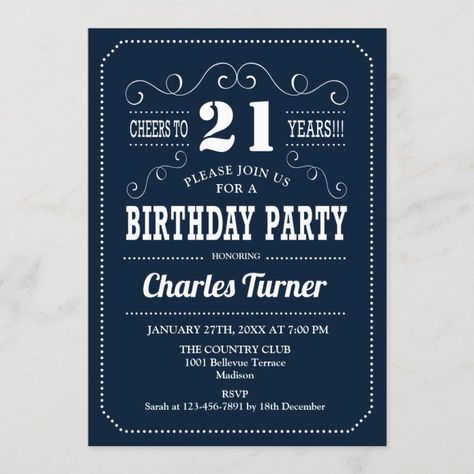 21st Birthday Party - Navy White Invitation - tap, personalize, buy right now! #Invitation #man #birthday, #adult #cheers, #milestone 21st Birthday Invitations For Guys, 21st Birthday Boy, Birthday Dinner Invitation, White Invitation, 21st Birthday Party, 21st Birthday Decorations, 21st Birthday Invitations, Blue Invitation, Birthday Party 21