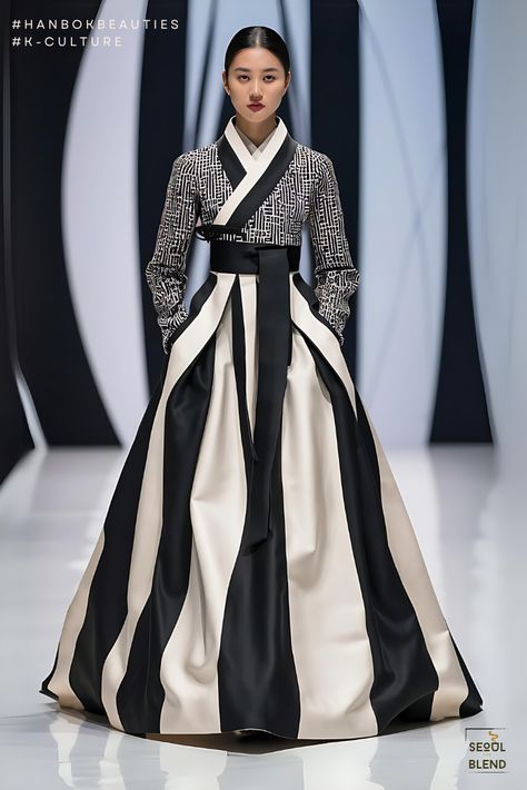 Hanbok Re-imagined:  Monochrome Chic Geometric Outfit, Stylish Business Outfits, Money Dress, Hanbok Traditional, Korean Traditional Clothing, Korean Traditional Dress, Modern Hanbok, Geometric Fashion, Tailored Clothes