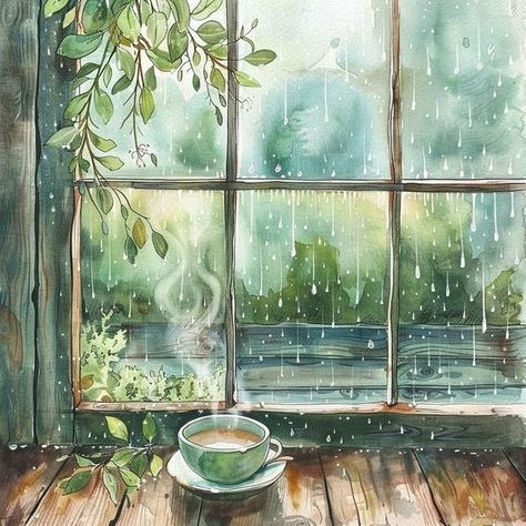 A Flurry of Fun - Page 225 - Blogs & Forums Rainy Day Drawing, Rain Illustration, Large Cross Stitch Patterns, Rainy Window, Cozy Rainy Day, Window Illustration, Window Drawing, Rain Painting, Coffee Painting