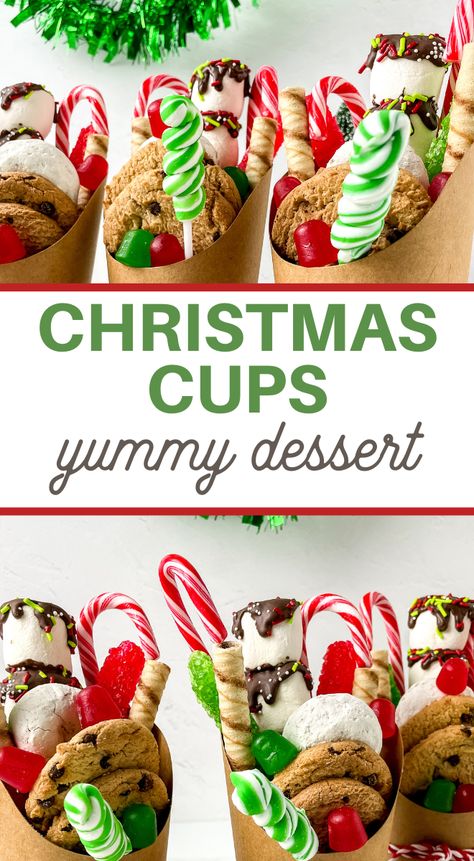 Christmas Party Food And Drink Ideas, Christmas Snacks For Work Party, Holiday Cookie Charcuterie Board, Individual Christmas Treats, Kindergarten Christmas Treats, Candy Charcuterie Cups, Christmas Dessert Cups Ideas, Holiday Charcuterie Cups, Holiday Finger Foods Desserts