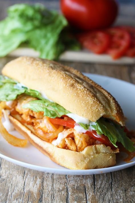 The Stay At Home Chef: Quick and Easy Buffalo Chicken Subs Chicken Subs, Sauteed Onions, Easy Buffalo Chicken, Sunday Dinner Recipes, Sub Sandwiches, Chicken Sandwiches, 15 Minute Meals, Burgers Sandwiches, Buffalo Sauce