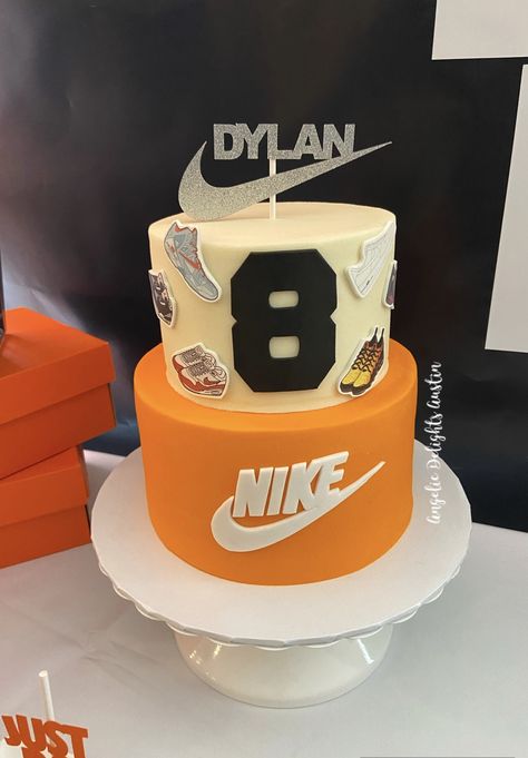 Nike cake, just do it, Nike party, Angelic Delights Austin Nike Shoes Birthday Party, Nike Dunk Cake, Sneaker Theme Cake, Sneakers Cake Ideas, Nike Cake Design, Nike Decorations Party, Nike Themed Cake, Nike Birthday Theme, Sneaker Ball Cake Ideas