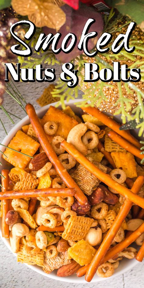 Homemade Nuts And Bolts Recipes, Smoked Nuts And Bolts, Nuts And Bolts Recipe, Munchies Recipes, Life Cereal, Flavored Nuts, Smoked Recipes, Christmas Nuts, Awesome Appetizers