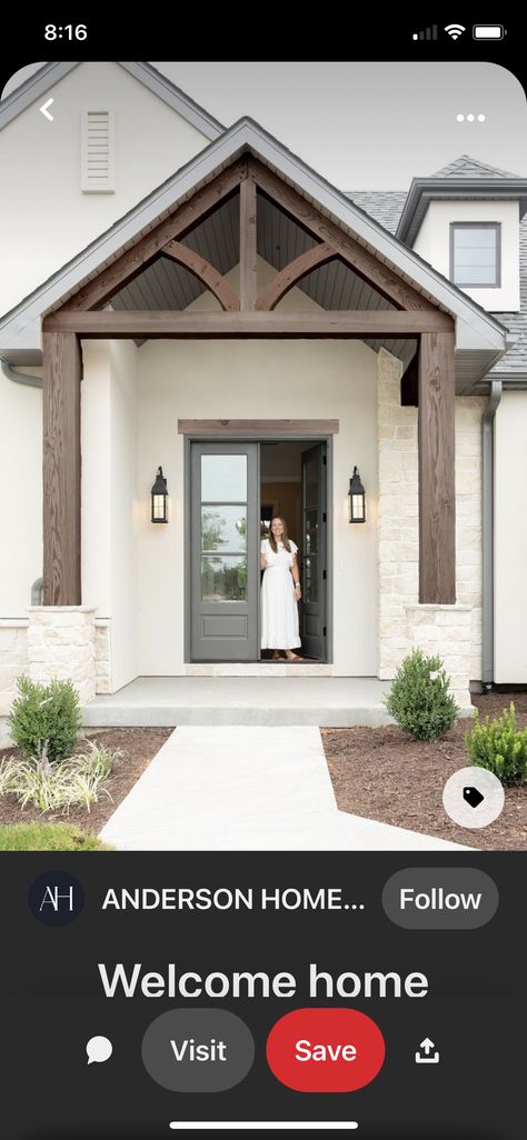 Farmhouse Exterior Cedar Accents, White Stucco House With Wood Accents, Painted Ranch House Exterior, Transitional Ranch Exterior, Modern Gables On House Exterior, White Rock House Exterior, White And Brown Exterior House, White Siding Exterior Color Schemes, Stucco Exterior Colors Farmhouse