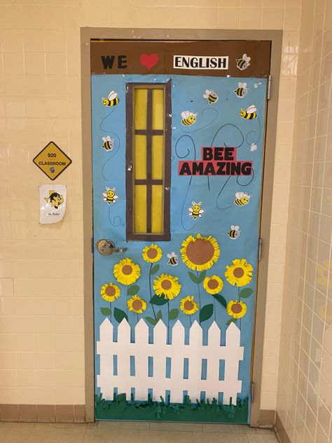 Secroated class door with Sunflowers and bees, “Bee Amazing” Bumble Bee Door Decorations Classroom, Bee Theme Door Decorations, Bee Classroom Door Ideas, The Best Place To Bee Classroom Door, Welcome To Our Hive Classroom Door, Class Door Decorations, Bee Classroom Decor, Class Door, Bee Classroom