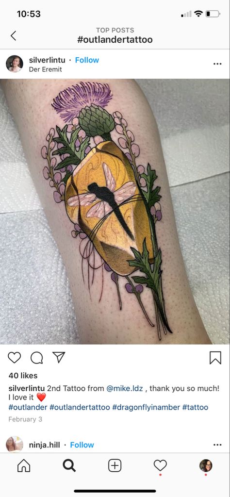 Dragonfly In Amber Tattoo, Outlander Inspired Tattoos, Outlander Tattoos Ideas, Outlander Tattoos, Amber Tattoo, Books Tattoo, Tattooed Lady, Tattoo 2023, Dragonfly Tattoo Design