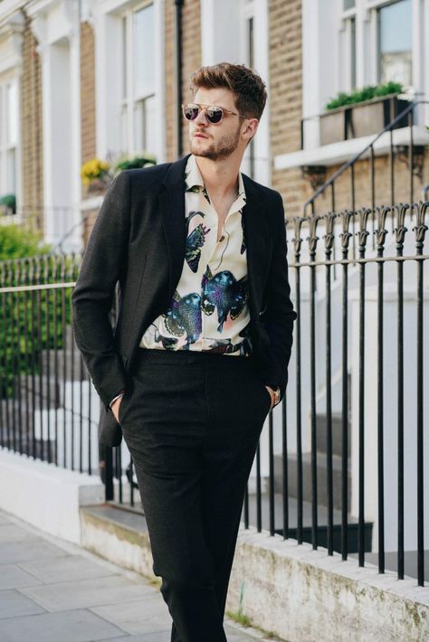 How To Style: Cuban Collar Shirts - Jim Chapman Cuban Collar Shirt Men, Formal Causal, Black Coat Pant, Coat Pant For Men, Party Wear Blazers, Black Undershirt, Jim Chapman, Cuban Shirts, Guy Fits