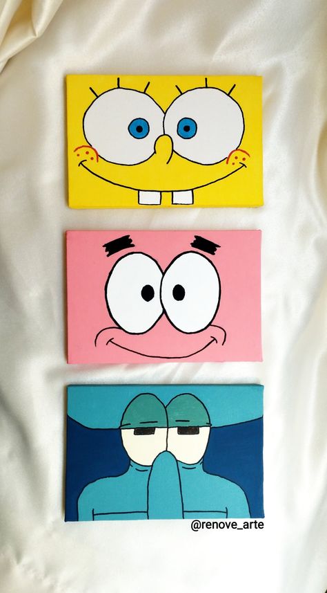 bob esponja, Patrick, lula molusco, tela, quadro Ideas Para Cuadros, Posca Drawing Ideas, Mini Tela, Tinta Guache, Diy Canvas Art Easy, رسم كاريكاتير, Cute Easy Paintings, Kids Canvas Art, Posca Art