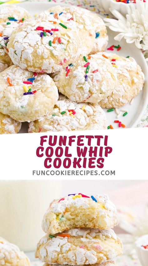 These soft and delicious Funfetti Cool Whip Cookies are so simple and fun to make. You need just four ingredients and 15 minutes! Cool Whip Chocolate Cookies, Cake Cool Whip Cookies, Whip Cream Cookies, Cool Whip Cookies Recipe, Cake Mix Cool Whip Cookies, Funfetti Desserts, Whip Cookies, Cool Whip Frosting, Cool Whip Cookies