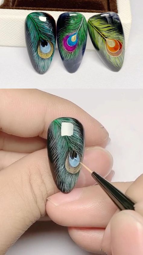 Nails With Stencil Art, Strock Nail Art Design, Peacock Feather Nail Design, Theme Nail Art Designs, Nail Art Birds Design, Nail Feather Design, Peacock Nail Designs Feathers, Intermediate Nail Art, Trendy Nail Art 2023