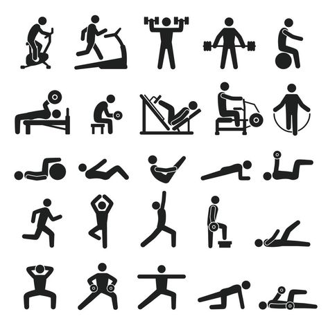 Fitness exercise icons, sport workout pictograms. People doing yoga, exercising, jogging. Various sports activities silhouette vector icon set People Doing Yoga, Gym Icon, Fitness Icon, Sports Room, Sport Icon, Fitness Logo, Gym Tops, Icon Set Vector, Vector Illustrations