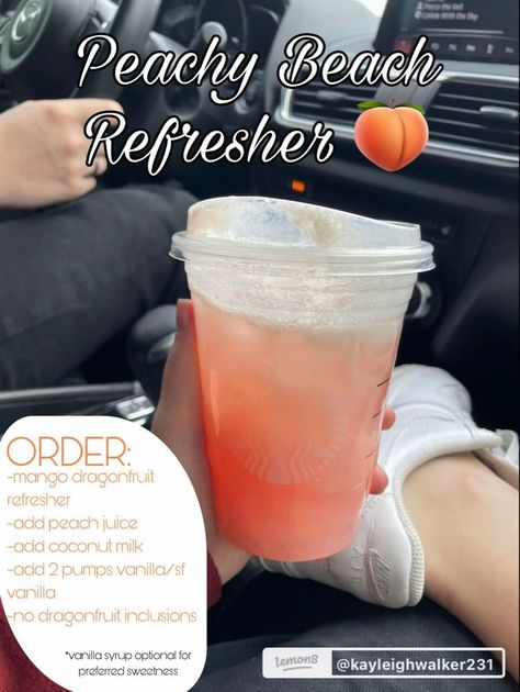 Starbucks Refreshers Peach, Unique Starbucks Refreshers, Starbucks Sweet Refreshers, Fuzzy Peach Refresher Starbucks, Peach Juice Starbucks Drinks, Starbucks Cold Drinks Summer, Starbucks Refreshers To Try, Peach Refresher Starbucks, Starbucks Orders Refreshers