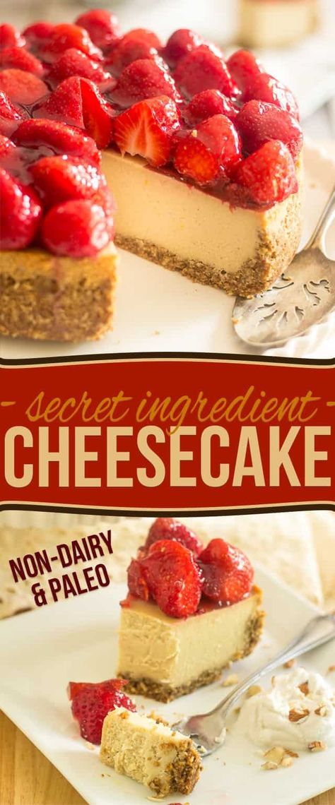 Made with a secret ingredient that will simply blow your mind, this Dairy Free Paleo Strawberry Cheesecake looks, tastes and feels just like the real thing! Non Dairy Cheesecake, Paleo Cheesecake, Dairy Free Cheesecake, Vegan Cheesecake Recipe, Paleo Recipes Dessert, Dairy Free Paleo, Paleo Sweets, Paleo Desserts, Paleo Treats