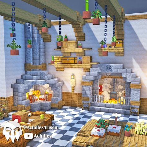 Minecraft Castle Kitchen, Minecraft Medieval Kitchen, Bakery Minecraft Ideas, Minecraft Smelting Room, Minecraft Butcher Shop, Minecraft Bakery, Minecraft Kitchen Design, Kitchen Minecraft, Medieval Kitchen