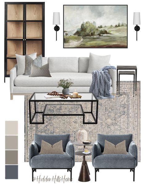 Blue Gray Rug Living Room, Living Room Cool Tones, Coastal Inspired Living Room, Grey Chairs Living Room, Neutral Blue Living Room, Apartment Living Room Sofas, Living Room With Blue Accents, Spiritual Office, L Shape Sofa Design