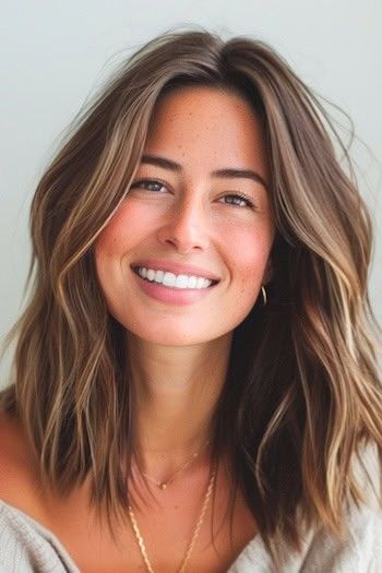 Hairstyles For Midsize Women, Cute Layered Haircut Short, Mid Length Textured Haircut, Medium Hair 2024 Trends Women, 2024 Fall Hair Cuts, Haircuts Women 2024, Brown Medium Length Hair With Layers, Women’s Medium Length Haircut, Medium Length Haircut Middle Part