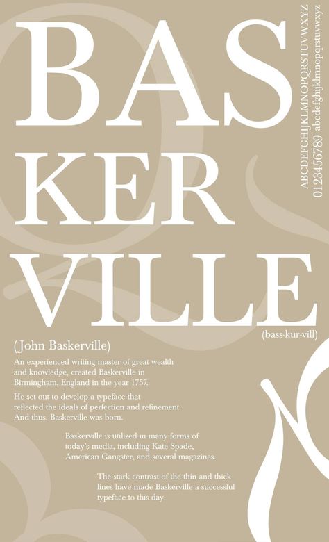 A Baskerville typeface poster I created for my type class. Baskerville Poster, Typography 2023, Typeface Poster, Posters Ideas, Type Specimen, Art Major, Poster Fonts, Design Layouts, My Type