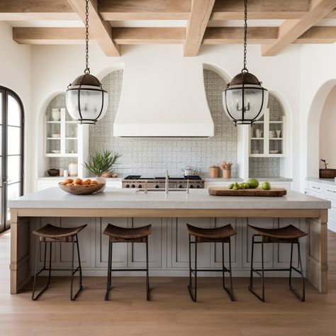 Chic Spanish Style Home, Modern Spanish Villa Interior, Spanish Farmhouse Decor, Spanish Farmhouse Kitchen, California Spanish Style Interior, Spanish Villa Kitchen, Modern Spanish Style Kitchen, Spanish Modern Kitchen, Sicilian House