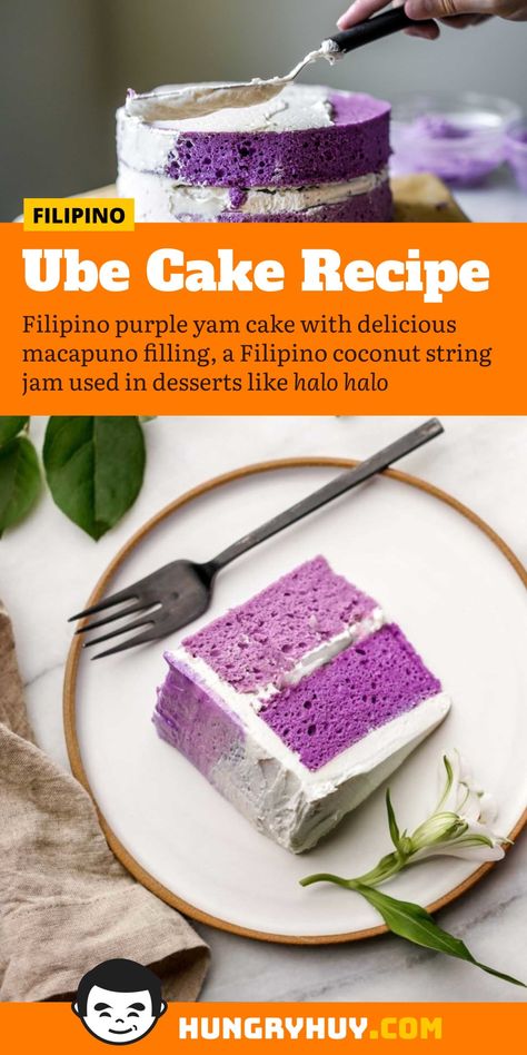 Ube Cake (Filipino Purple Yam Cake w/Macapuno) Best Ube Cake Recipe, Ube Macapuno Cake Recipe, Yam Cake Recipe, Purple Yam Cake, Famous Cakes, Yam Cake, Ube Cake, Filipino Dessert Recipes, Ube Recipes