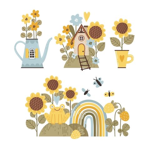 Sunflower Cute Illustration, Sunflower Doodle Art, Flower Cute Illustration, Cute Garden Illustration, Sunflower Cute Drawing, Spring Vector Illustration, Cute Spring Illustration, Sunflower Illustration Simple, Spring Illustration Design