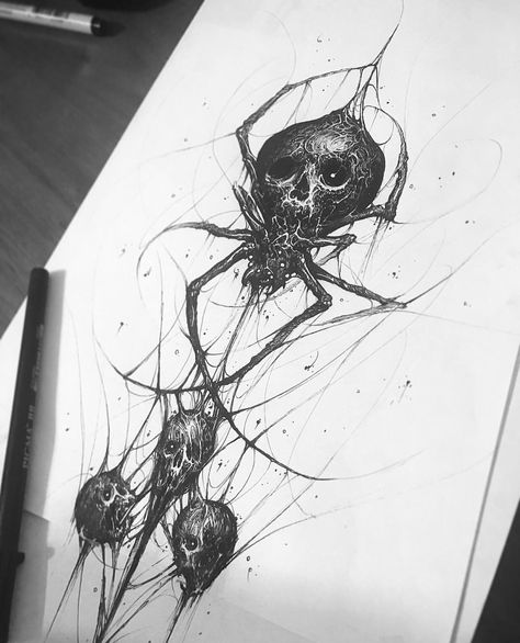 Brandon Herrera 🕸 on Instagram: “💀💀💀🕷🕸 #penandink #skull #spider #illustration #sketch #tattoo #design #darkart #blackandwhite #drawing” Spider Ideas, Gotik Tattoo, Spider Skull, Spider Illustration, Spider Drawing, Skull Spider, Kunst Tattoos, Creepy Spider, Spider Tattoo