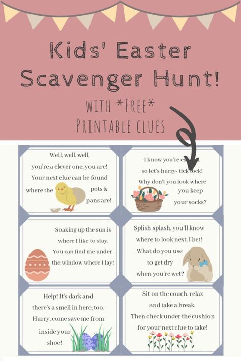 Kids' Easter Scavenger Hunt with free printable clues Easter Basket Hunt Clues, Easter Basket Scavenger Hunt, Easter Scavenger Hunt Clues, Egg Hunt Clues, Easter Egg Hunt Clues, Easter Scavenger Hunt, Scavenger Hunt Clues, Easter Hunt, Scavenger Hunt For Kids