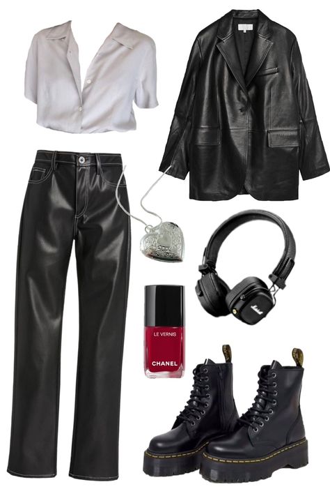 leather jacket and trousers, Doc Martens, white blouse, red nail polish, headphones and heart necklace Rockstar Outfit Inspiration, Rockstars Gf Outfits Aesthetic, Rockstar Clothing Aesthetic, Rockstar Outfit For Women Aesthetic, Rockstar Casual Outfit, Rockstar Gf Aesthetic Outfits Casual, Rockstar Style Aesthetic, Simple Rock Outfit, Simple Rockstar Outfit