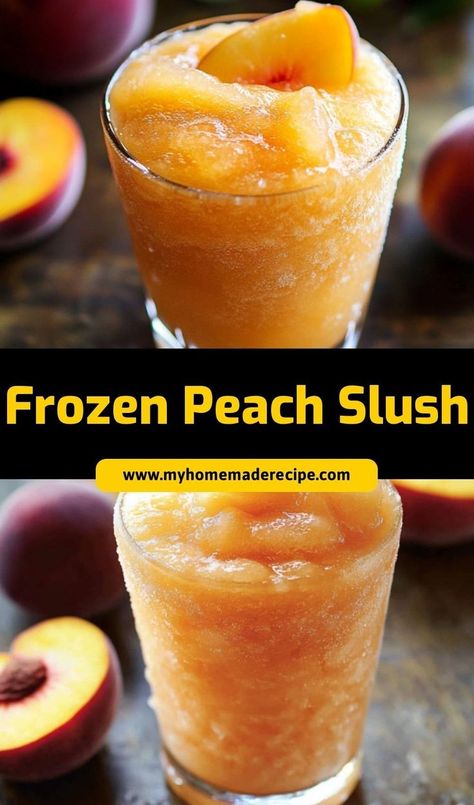 This Frozen Peach Slush is a refreshing summer drink made with juicy peaches! It’s an easy and delicious way to cool off on a hot day Peach Slush, Juice Ice Cubes, Frozen Peaches, Lemonade Concentrate, Orange Juice Concentrate, Juice Ice, Frozen Lemonade, Refreshing Drinks Recipes, Refreshing Summer Drinks