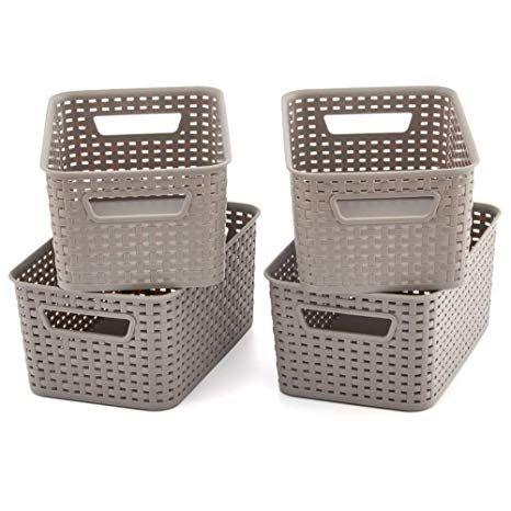 Amazon.com: EZOWare Small Gray Plastic Knit Baskets Shelf Storage Organizer Perfect for Storing Small Household Items - Pack of 4 (11x7.3x5 inch): Home & Kitchen Basket Bins, Konmari Organizing, Shelves Pantry, Closet Organization Bins, Basket Bathroom, Shelf Baskets Storage, Organizer Bins, Room Shelf, Plastic Basket