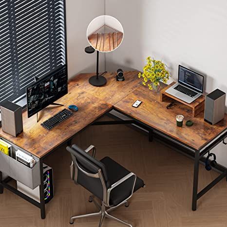 L Shape Table Office Computer Desks, Wooden Office Desk Corner, Corner Work Desk, Big Desk Ideas, L Shape Study Table Design, Gaming Corner Ideas, Home Office L Desk, L Desk Setup, L Shaped Desk Setup