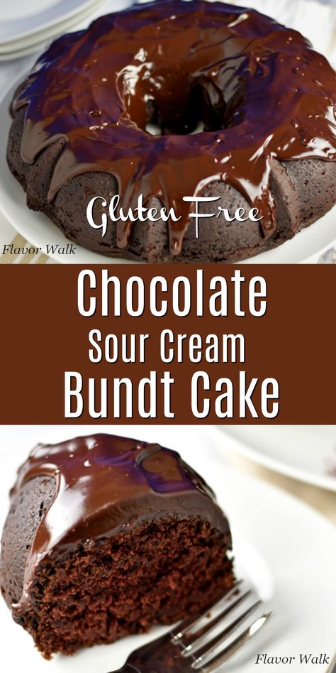 This Gluten Free Chocolate Sour Cream Bundt Cake, is rich, dense, and topped with a fudgy chocolate glaze. It's made in a Bundt pan, so it's really easy to make! Dairy Free Bundt Cake, Chocolate Sour Cream Bundt Cake, Gluten Free Bundt Cake, Sour Cream Bundt Cake, Gluten Free Chocolate Desserts, Gluten Free Cake Mixes, Gluten Free Cake Recipe, Chocolate Bundt, Tasty Dessert