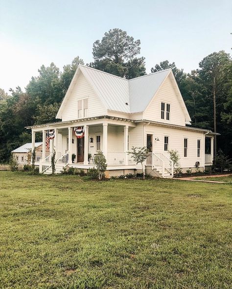 Thunderstorms rolling in and I’m enjoying a quick walk in the woods. We recently put some lights up on the back porch and I love them.… Gables On House Exterior, Four Gables House, Four Gables Farmhouse, Four Gables, Farm Plans, American Farmhouse, House Of Dreams, Sweet Magnolia, Dream Life House