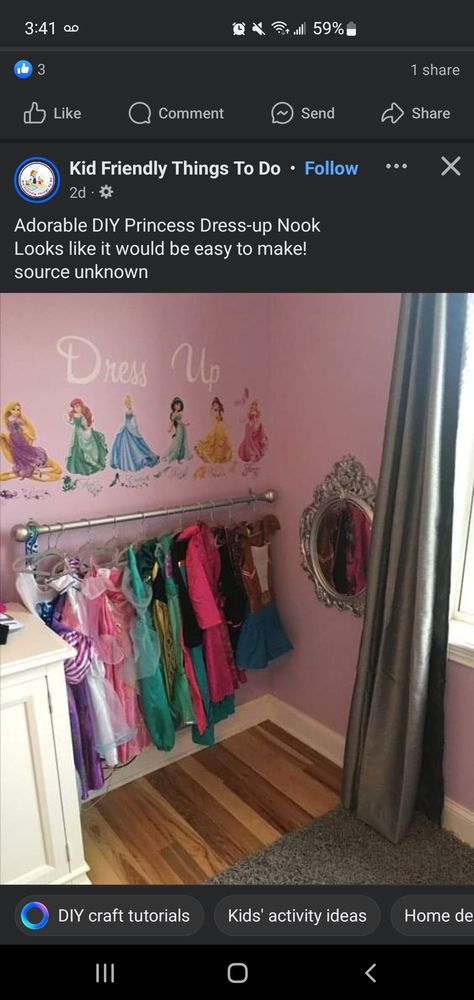 Playroom Guest Room Combo, Dress Up Corner, Playroom Seating, Nook Decor, Toddler Girl Room, Princess Diy, Princess Dress Up, Infinity Design, Princess Room