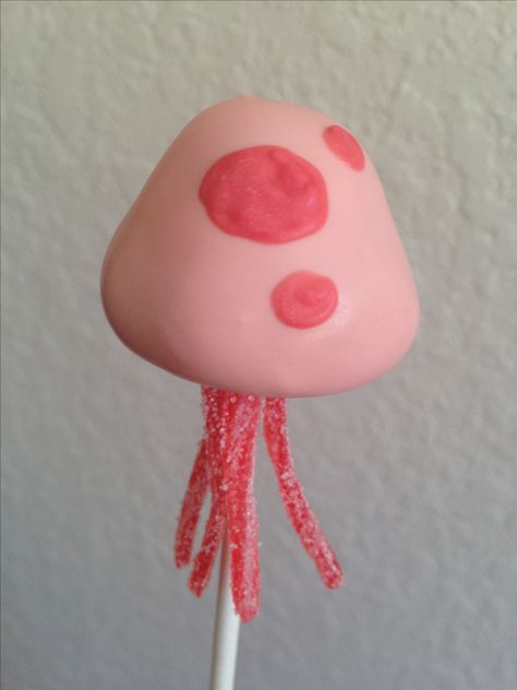 Sponge Bob jellyfish cake pop Pink Spongebob Cake, Pastel Spongebob Party, Spongebob Cake Pops, Spongebob Cake Pop Ideas, Jellyfish Cake Pops, Spongebob And Jellyfish, Sponge Bob Cupcakes Ideas, Jellyfish Cake, Sponge Bob Cake Pops