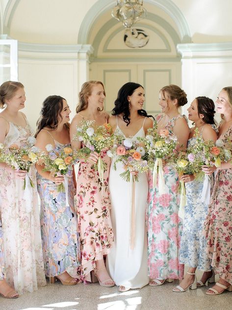 White Bridesmaid Dresses Colorful Flowers, Floral Bridesmaid Dresses Mismatched, Champagne Bridesmaid Dresses Bright Flowers, Neutral Bridesmaid Dress With Bright Flowers, Mismatched Bridesmaid Dresses Neutral Floral Prints, Floral Mix Match Briadmaid Dresses, Bold Wedding Colors, Multicolor Wedding, Spring Wedding Color Palette