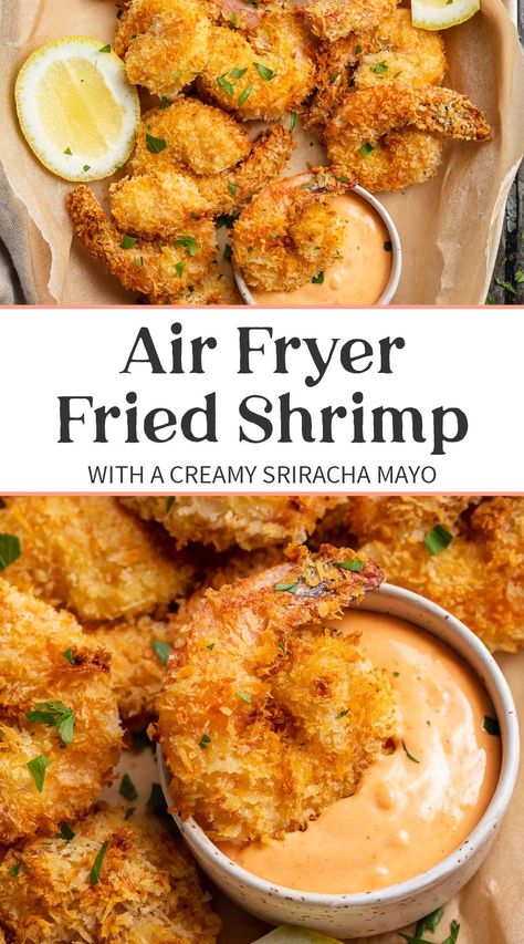 Tender and totally crispy fried shrimp has never been easier or lighter, and it's all thanks to the magic of the air fryer. With an Old Bay seasoned breading, crunchy panko breadcrumbs, and a cool, creamy sriracha mayo, these homemade popcorn shrimp are a deliciously light, airy alternative to traditional fried shrimp. Air Fryer Fried Shrimp, Smoked Seafood, Crispy Fried Shrimp, Air Fryer Shrimp, Fried Shrimp Recipes, Air Fryer Fish, Popcorn Shrimp, Homemade Popcorn, Sriracha Mayo