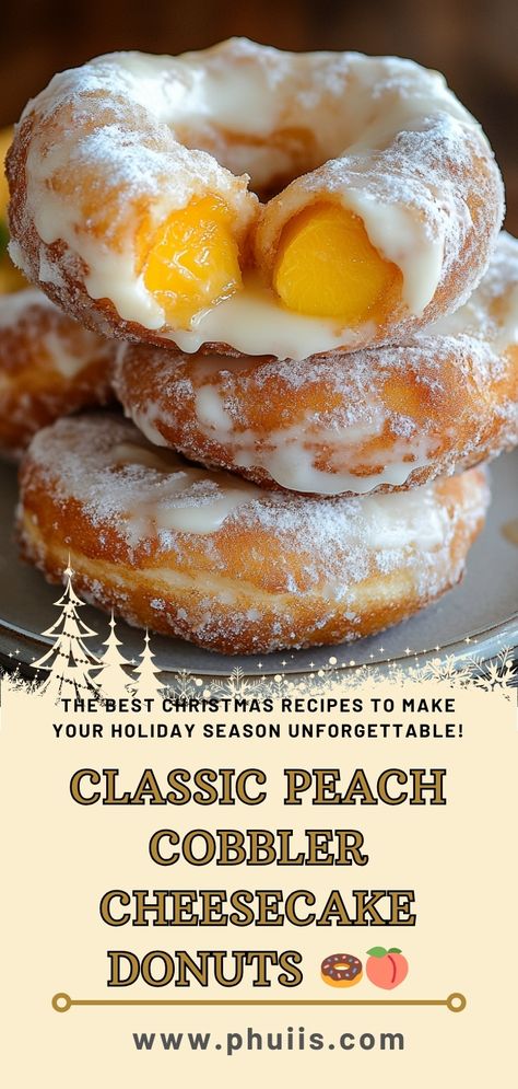 Indulge in the delightful fusion of flavors with these Classic Peach Cobbler Cheesecake Donuts. Combining the classic Southern dessert of peach cobbler with the creamy richness of cheesecake, these donuts offer a unique and satisfying treat for any occasion. Peach Cobbler Cheesecake Bars, Unique Cheesecake Recipes, Peach Cobbler Cheesecake Recipe, Unique Cheesecake, Peach Cobbler Cheesecake, Date Night Dinners, Southern Desserts, Best Christmas Recipes, Christmas Recipe